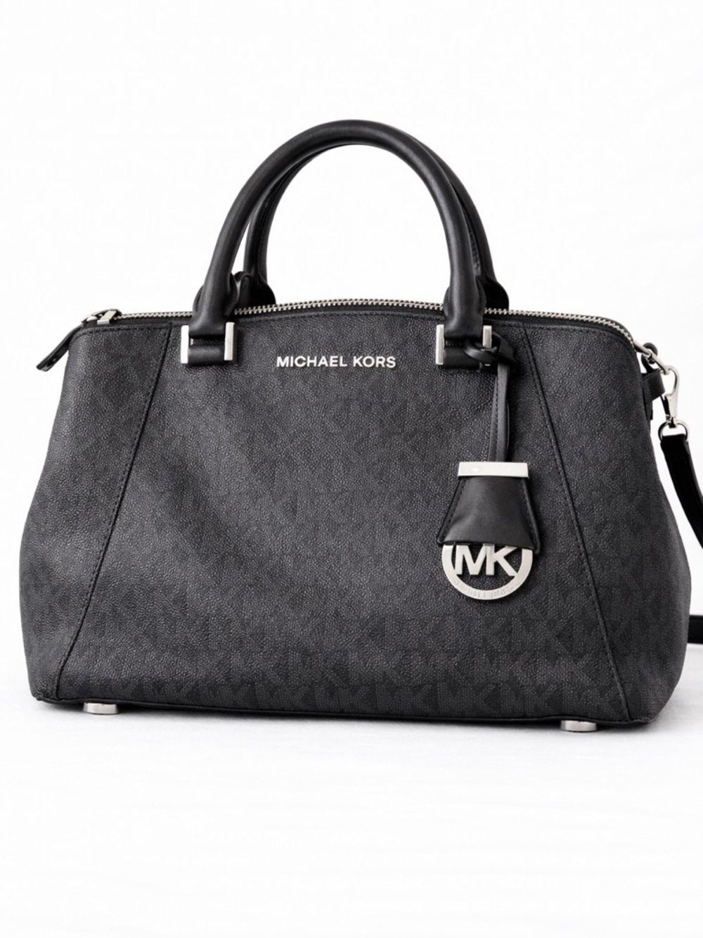 Michael Kors Black Satchel Textured Logo Exterior MK Charm Zip Top Handbag